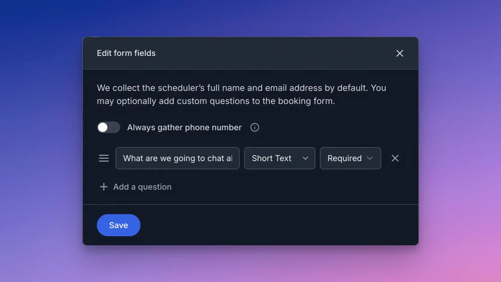 SavvyCal's custom question for the event title